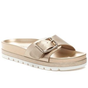 J/SLIDES ROSALIE single-buckle sandal, GOLD LUXE, size 7.5